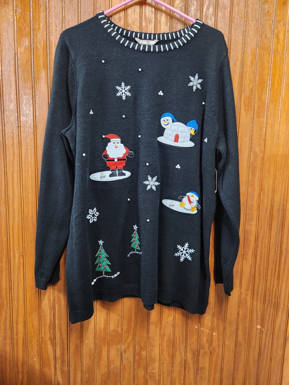 White Stag Black Christmas Crewneck Sweater with Santa, Snowman & Trees